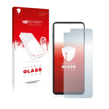 Vorderseite einer Produktverpackung mit dem Markenlogo upscreen. Daneben ist das Gerät Motorola G100 mit dem zugehörigen Displ
