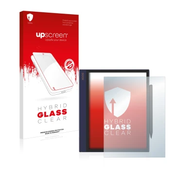 Vorderseite einer Produktverpackung mit dem Markenlogo upscreen. Daneben ist das Gerät Boox Note Air mit dem zugehörigen Displ