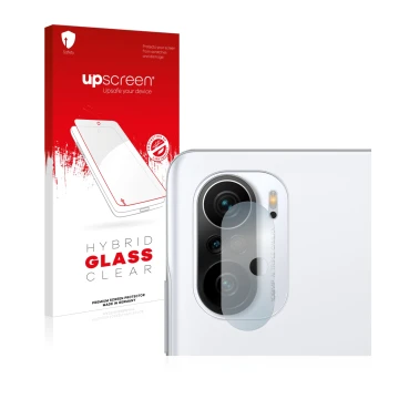 Vorderseite einer Produktverpackung mit dem Markenlogo upscreen. Daneben ist das Gerät Xiaomi Poco F3 (NUR Kameraschutz) mit d