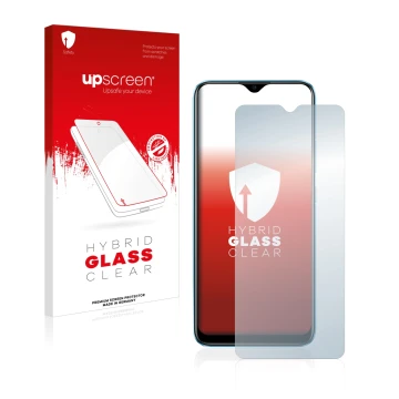 Vorderseite einer Produktverpackung mit dem Markenlogo upscreen. Daneben ist das Gerät realme C21 mit dem zugehörigen Displays