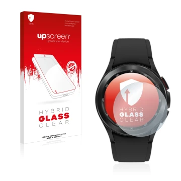 Vorderseite einer Produktverpackung mit dem Markenlogo upscreen. Daneben ist das Gerät Samsung Galaxy Watch 4 Classic (42mm) m