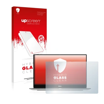 Vorderseite einer Produktverpackung mit dem Markenlogo upscreen. Daneben ist das Gerät Dell XPS 13 9305 Touch mit dem zugehöri