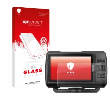 Vorderseite einer Produktverpackung mit dem Markenlogo upscreen. Daneben ist das Gerät Garmin Striker Vivid 7cv mit dem zugehö