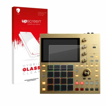 Vorderseite einer Produktverpackung mit dem Markenlogo upscreen. Daneben ist das Gerät Akai MPC One mit dem zugehörigen Displa