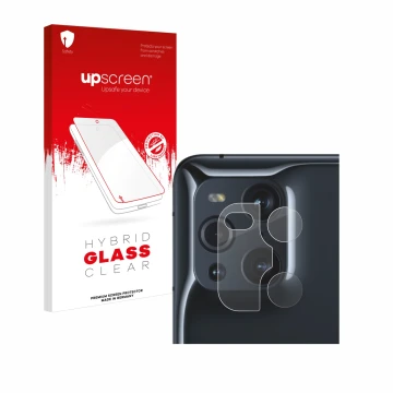 Vorderseite einer Produktverpackung mit dem Markenlogo upscreen. Daneben ist das Gerät Oppo Find X3 Pro (NUR Kameraschutz) mit