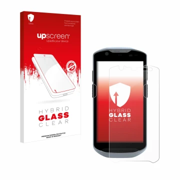 Vorderseite einer Produktverpackung mit dem Markenlogo upscreen. Daneben ist das Gerät Zebra TC52x mit dem zugehörigen Display