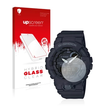 Vorderseite einer Produktverpackung mit dem Markenlogo upscreen. Daneben ist das Gerät Casio G-Shock GBA800 mit dem zugehörige