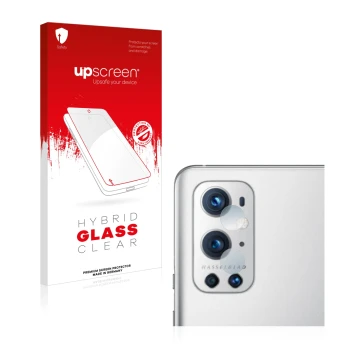 Vorderseite einer Produktverpackung mit dem Markenlogo upscreen. Daneben ist das Gerät OnePlus 9 Pro (NUR Kameraschutz) mit de