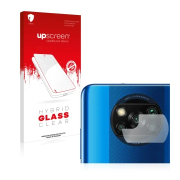 Vorderseite einer Produktverpackung mit dem Markenlogo upscreen. Daneben ist das Gerät Xiaomi Poco X3 Pro (NUR Kameraschutz) m