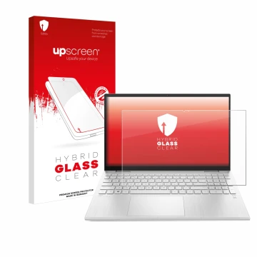 Vorderseite einer Produktverpackung mit dem Markenlogo upscreen. Daneben ist das Gerät HP Pavilion x360 (15-erX) mit dem zugeh