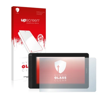 Vorderseite einer Produktverpackung mit dem Markenlogo upscreen. Daneben ist das Gerät Huion Kamvas 13 mit dem zugehörigen Dis