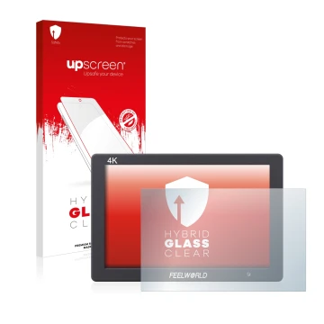 Vorderseite einer Produktverpackung mit dem Markenlogo upscreen. Daneben ist das Gerät Feelworld FW279 7