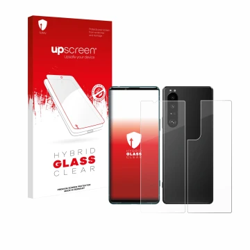 Vorderseite einer Produktverpackung mit dem Markenlogo upscreen. Daneben ist das Gerät Sony Xperia 5 III (Display+Rückseite) m