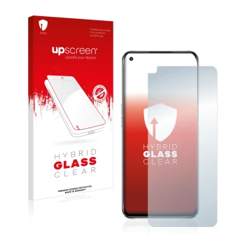 Vorderseite einer Produktverpackung mit dem Markenlogo upscreen. Daneben ist das Gerät Oppo A54 5G mit dem zugehörigen Display