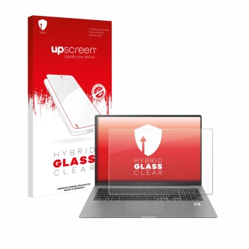 Vorderseite einer Produktverpackung mit dem Markenlogo upscreen. Daneben ist das Gerät LG gram 17'' 2021 mit dem zugehörigen D