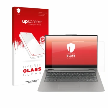 Vorderseite einer Produktverpackung mit dem Markenlogo upscreen. Daneben ist das Gerät Lenovo ThinkBook 14s Yoga mit dem zugeh