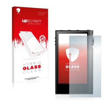 Vorderseite einer Produktverpackung mit dem Markenlogo upscreen. Daneben ist das Gerät Astell&Kern Kann Alpha mit dem zugehöri
