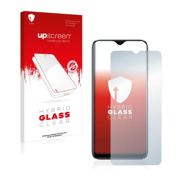 Vorderseite einer Produktverpackung mit dem Markenlogo upscreen. Daneben ist das Gerät realme C11 2021 mit dem zugehörigen Dis