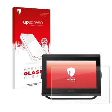 Vorderseite einer Produktverpackung mit dem Markenlogo upscreen. Daneben ist das Gerät Garmin GPSMAP 8412 xsv mit dem zugehöri