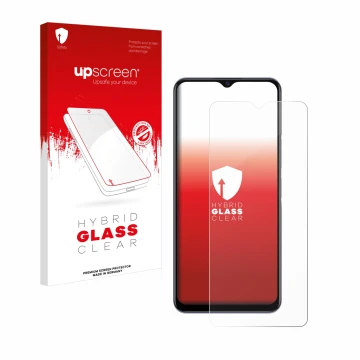 Vorderseite einer Produktverpackung mit dem Markenlogo upscreen. Daneben ist das Gerät Vivo Y72 5G mit dem zugehörigen Display