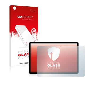 Vorderseite einer Produktverpackung mit dem Markenlogo upscreen. Daneben ist das Gerät Huawei MatePad 11 (2021) mit dem zugehö