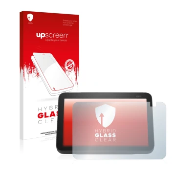 Vorderseite einer Produktverpackung mit dem Markenlogo upscreen. Daneben ist das Gerät Amazon Echo Show 8 2021 (2. Gen.) mit d