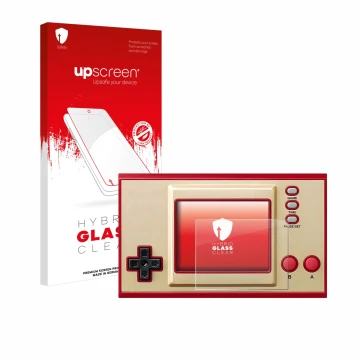 Vorderseite einer Produktverpackung mit dem Markenlogo upscreen. Daneben ist das Gerät Nintendo Game & Watch Super Mario Bros 