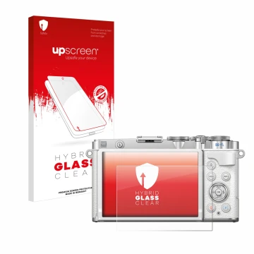 Vorderseite einer Produktverpackung mit dem Markenlogo upscreen. Daneben ist das Gerät Olympus PEN E-P7 mit dem zugehörigen Di