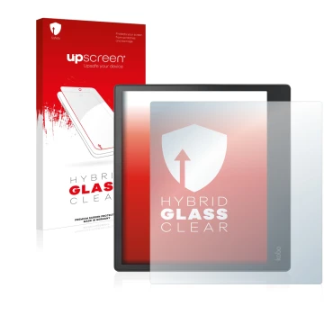 Vorderseite einer Produktverpackung mit dem Markenlogo upscreen. Daneben ist das Gerät Kobo Elipsa mit dem zugehörigen Display