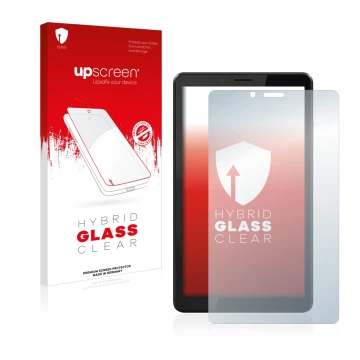 Vorderseite einer Produktverpackung mit dem Markenlogo upscreen. Daneben ist das Gerät Lenovo Tab M7 (3. Gen.) mit dem zugehör