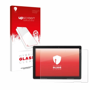 Vorderseite einer Produktverpackung mit dem Markenlogo upscreen. Daneben ist das Gerät MEDION Lifetab P10912 mit dem zugehörig