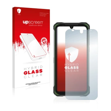 Vorderseite einer Produktverpackung mit dem Markenlogo upscreen. Daneben ist das Gerät Doogee S86 Pro mit dem zugehörigen Disp