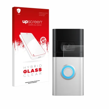 Vorderseite einer Produktverpackung mit dem Markenlogo upscreen. Daneben ist das Gerät Ring Video Doorbell 4 mit dem zugehörig