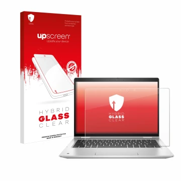 Vorderseite einer Produktverpackung mit dem Markenlogo upscreen. Daneben ist das Gerät HP ProBook x360 435 G8 mit dem zugehöri