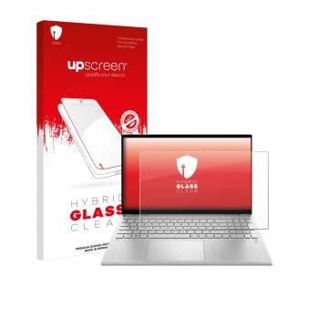 Vorderseite einer Produktverpackung mit dem Markenlogo upscreen. Daneben ist das Gerät HP Pavilion x360 Convertible 15-erX mit