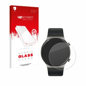 Vorderseite einer Produktverpackung mit dem Markenlogo upscreen. Daneben ist das Gerät Huawei Watch GT 2 Pro ECG mit dem zugeh