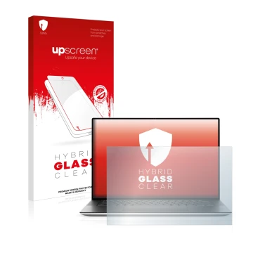 Vorderseite einer Produktverpackung mit dem Markenlogo upscreen. Daneben ist das Gerät Dell XPS 15 9510 Non-Touch mit dem zuge