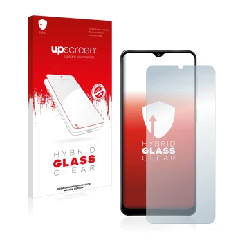 Vorderseite einer Produktverpackung mit dem Markenlogo upscreen. Daneben ist das Gerät Samsung Galaxy A12 Nacho mit dem zugehö