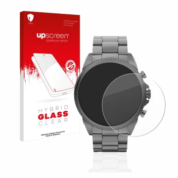 Vorderseite einer Produktverpackung mit dem Markenlogo upscreen. Daneben ist das Gerät Fossil Gen 6 (44mm) mit dem zugehörigen