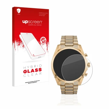 Vorderseite einer Produktverpackung mit dem Markenlogo upscreen. Daneben ist das Gerät Michael Kors Access Gen 6 Bradshaw mit 