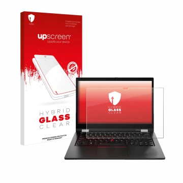 Vorderseite einer Produktverpackung mit dem Markenlogo upscreen. Daneben ist das Gerät Lenovo ThinkPad L13 Yoga Gen 2 mit dem 
