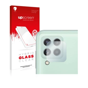 Vorderseite einer Produktverpackung mit dem Markenlogo upscreen. Daneben ist das Gerät Samsung Galaxy A22 4G (NUR Kameraschutz