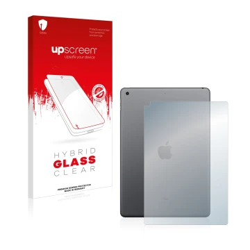 Vorderseite einer Produktverpackung mit dem Markenlogo upscreen. Daneben ist das Gerät Apple iPad 10.2″ WiFi 2021 (Rückseite, 