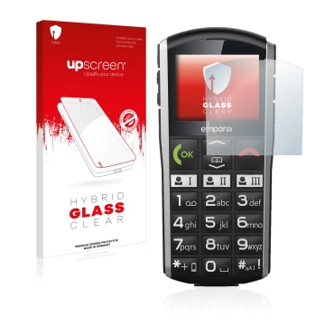 Vorderseite einer Produktverpackung mit dem Markenlogo upscreen. Daneben ist das Gerät Emporia Simplicity mit dem zugehörigen 