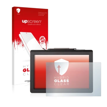 Vorderseite einer Produktverpackung mit dem Markenlogo upscreen. Daneben ist das Gerät Signotec Pen Display Delta (Touch) mit 
