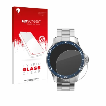 Vorderseite einer Produktverpackung mit dem Markenlogo upscreen. Daneben ist das Gerät Withings ScanWatch Horizon (43 mm) mit 