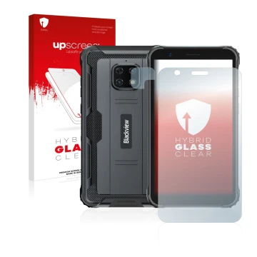 Vorderseite einer Produktverpackung mit dem Markenlogo upscreen. Daneben ist das Gerät Blackview BV4900S (Display+Kamera) mit 