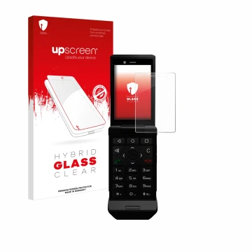 Vorderseite einer Produktverpackung mit dem Markenlogo upscreen. Daneben ist das Gerät Caterpillar Cat S22 Flip mit dem zugehö