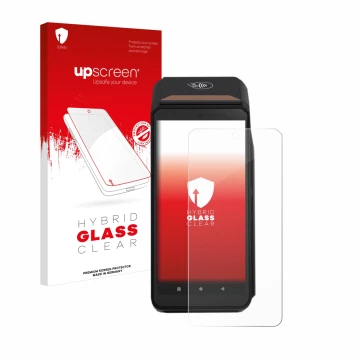 Vorderseite einer Produktverpackung mit dem Markenlogo upscreen. Daneben ist das Gerät ingenico Axium DX8000 mit dem zugehörig