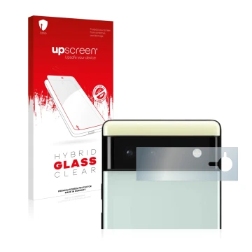 Vorderseite einer Produktverpackung mit dem Markenlogo upscreen. Daneben ist das Gerät Google Pixel 6 (NUR Kameraschutz) mit d